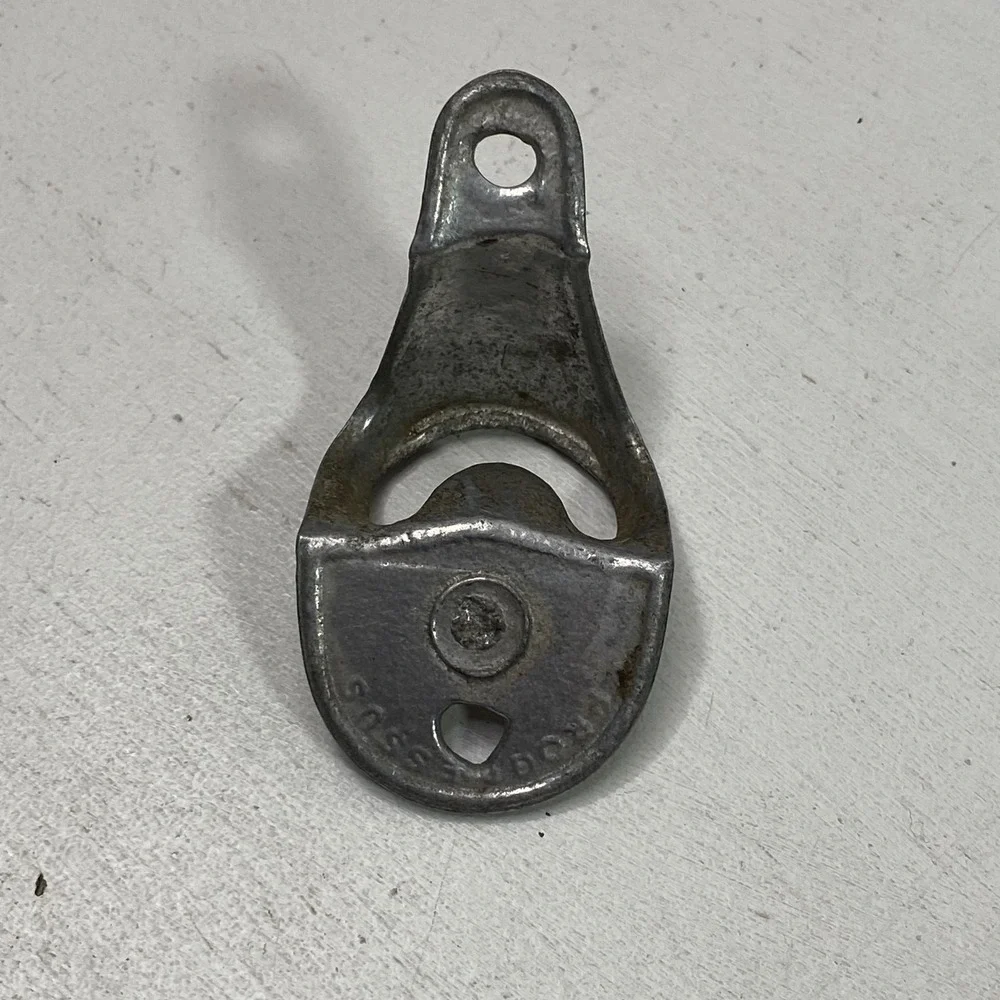 Vintage Progressus Wall Mount Bottle Opener Silver Metal Industrial Bar Tool
